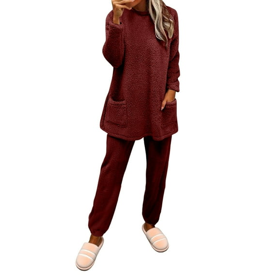 WCJM Lounge Outfits for Women Women's Fall Winter Pullover Long Sleeve Set Soft Double Fleece with Embossed Design Cozy Loungewear for Cold Nights Two-Piece Set Women Pajama Sets