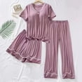thumbnail image 1 of WCJM Pajama Sets for Women 3 Piece Pants and Short Sleeve Outfits Casual Pullover Tops Wide Leg Pants Lounge Sets Summer Pajamas for Women Set Button Up Capri Long Sleeve Pajama Set for Womenï¼Mï¼, 1 of 4