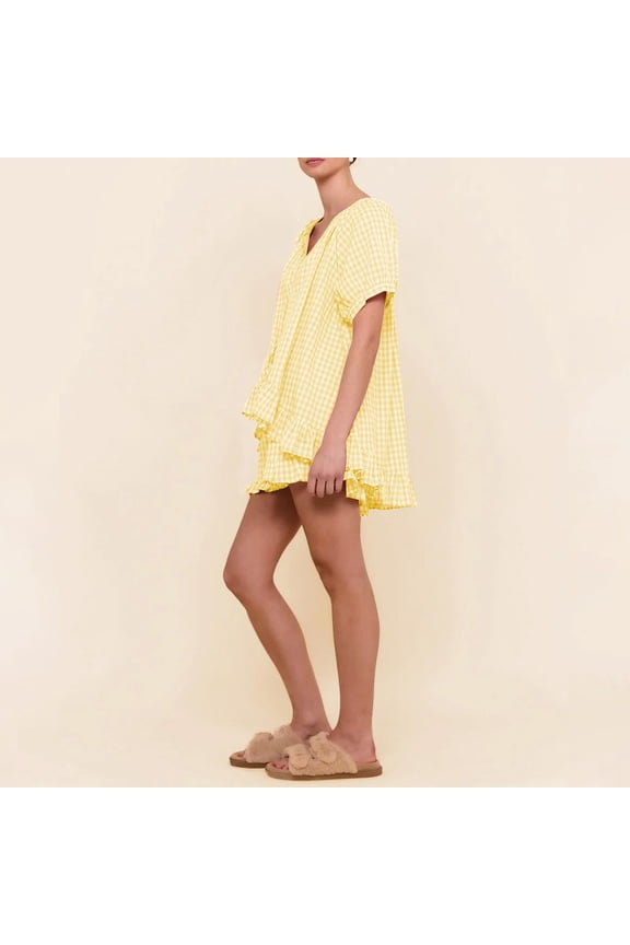 Pajamas for Women Set Summer Satin Pajamas for Women Set Womens Pajama Sets Cotton Womens Pajamas Set 2 Piece Cotton Pjs Lounge Sets Puff Sleeve Ruffle Babydoll Shirt Shorts Summer Outfits