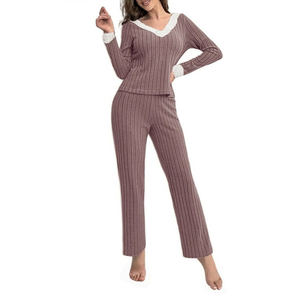 WCJM Women 2 Piece Outfits Sets Ribbed Pajama Sets for Women Pullover V Neck Long Sleeve Sleepwear Matching Comfy Long Pants Two-Piece Set Women Pajama Sets