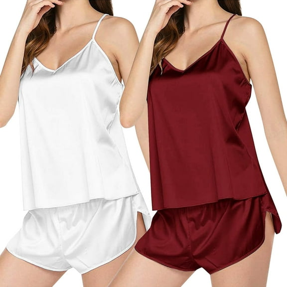 WCJM Women Pajama Sets Satin Women's Pajamas Set V Neck Lace Camisole Undershirt Sleeveless Shorts Women's Loungewear Acrylic Pajamas Jockey Sleepwear for Women