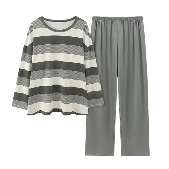 WCJM Women Pajama Sets Womens Comfortable Stripe Gradient Pure Color Imitation Cotton Pajamas Women's Casual Loose Long Sleeved Trousers Suit Women's Blended Pajamas Silk Sleepwear for Women