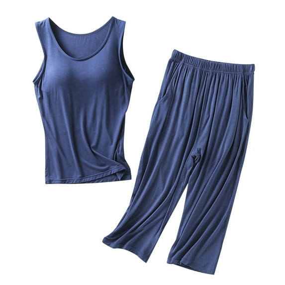 WCJM Women's Summer 2 Piece Outfits Round Neck Crop Basic Top Cropped Wide Leg Pants Set Jumpsuits Pajamas for Women Set Women Pajamas (M)