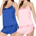 thumbnail image 1 of WCJM Womens Pajama Set Silk Satin PJ Set V Neck Pink Striped Cami Top Shorts Sleeveless Sleepwear Spaghetti Straps womens summer pajamas(XL), 1 of 6