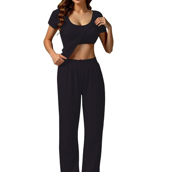 WCJM Womens Satin Silky Pajama Set Short Sleeve Shirt with Long Pajama Pant Set Soft Pj Loungewear Pajamas for Women Set Women Pajamas (L)