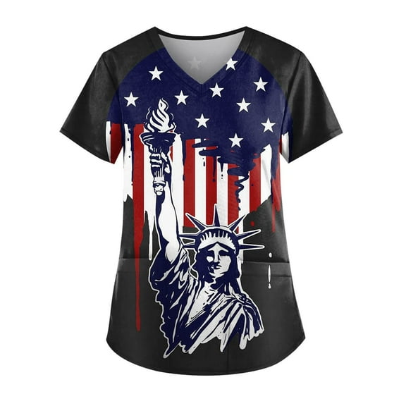 qipepei 4th of July Clothes for Women American Flag Patriotic T-Shirts Independence Day Women's V-Neck Casual Short Sleeve Printed Pockets Ladies Tops Blouse Uniform