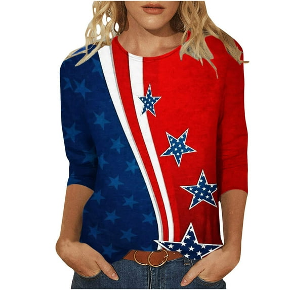 qipepei 4th of July Clothes for Women American Flag Patriotic T-Shirts Women's Fashion Printed T-shirt Mid-length 3/4 Sleeves Blouse Round Neck Casual Tops