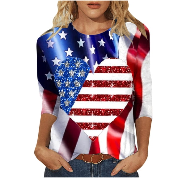 qipepei 4th of July Clothes for Women American Flag Patriotic T-Shirts Women's Fashion Printed T-shirt Mid-length 3/4 Sleeves Blouse Round Neck Casual Tops