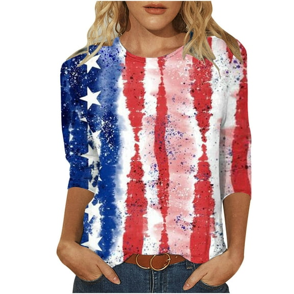 qipepei 4th of July Clothes for Women American Flag Patriotic T-Shirts Women's Fashion Printed T-shirt Mid-length 3/4 Sleeves Blouse Round Neck Casual Tops
