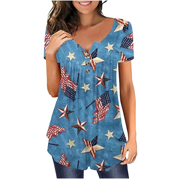 qipepei 4th of July Clothes for Women American Flag Patriotic T-Shirts Women's Independence Day Patriotic V-neck Button-down Meat Covered Short Sleeve Tops