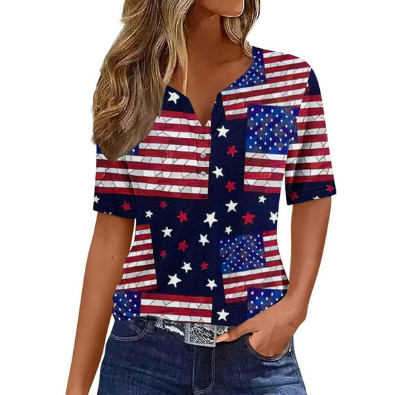 qipepei 4th of July Clothes for Women American Flag Patriotic T-Shirts Women's Independence Day Casual Printed Short Sleeve V-Neck Top Blouse