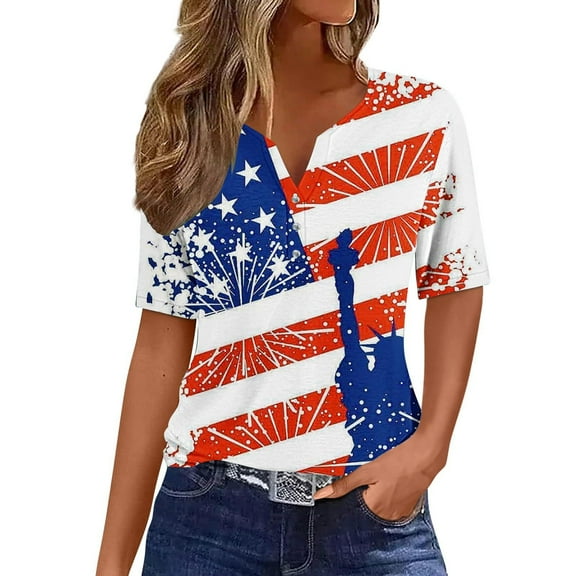 qipepei 4th of July Outfits for Women American Flag Shirt Patriotic T-Shirts Women's Independence Day Casual Printed Short Sleeve V-Neck Top Blouse