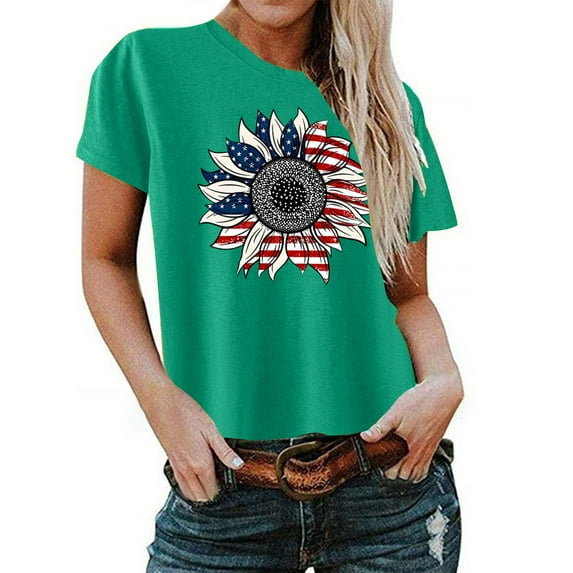 qipepei American Flag Shirt for Women 4th of July Outfits Patriotic T-Shirts Women's Summer Casual Loose Fitting Independent Day Printed Round Neck Short Sleeved Women's Top