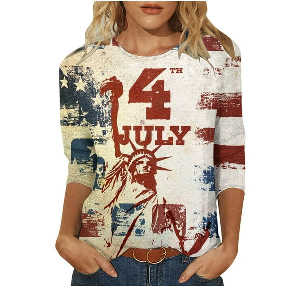 qipepei American Flag Shirt for Women 4th of July T-Shirt Patriotic T-Shirts Women's Fashion Printed T-shirt Mid-length 3/4 Sleeves Blouse Round Neck Casual Tops