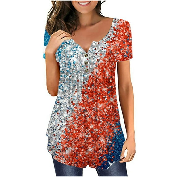 qipepei American Flag Shirt for Women 4th of July T-Shirt Patriotic T-Shirts Women's Independence Day Patriotic V-neck Button-down Meat Covered Short Sleeve Tops