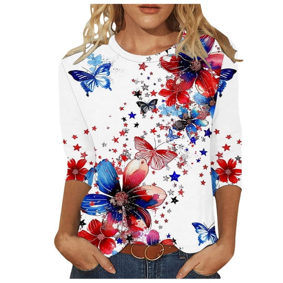 qipepei American Flag Shirt for Women 4th of July T-Shirt Patriotic T-Shirts Women 3/4Sleeves Casual Shirts Pullover Loose Tunic Tops Print Blouse