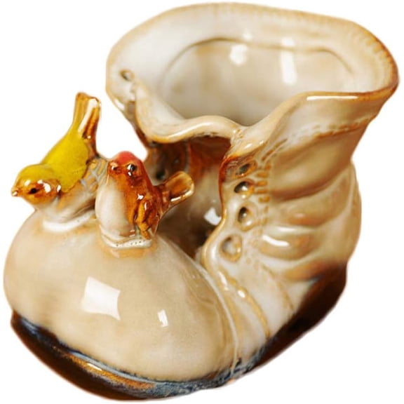 qiuqiu Boots Shaped Flower Pots Ceramics Cartoon Shoe Succulent Planter Pot Home Office Desktop Decoration-Beige