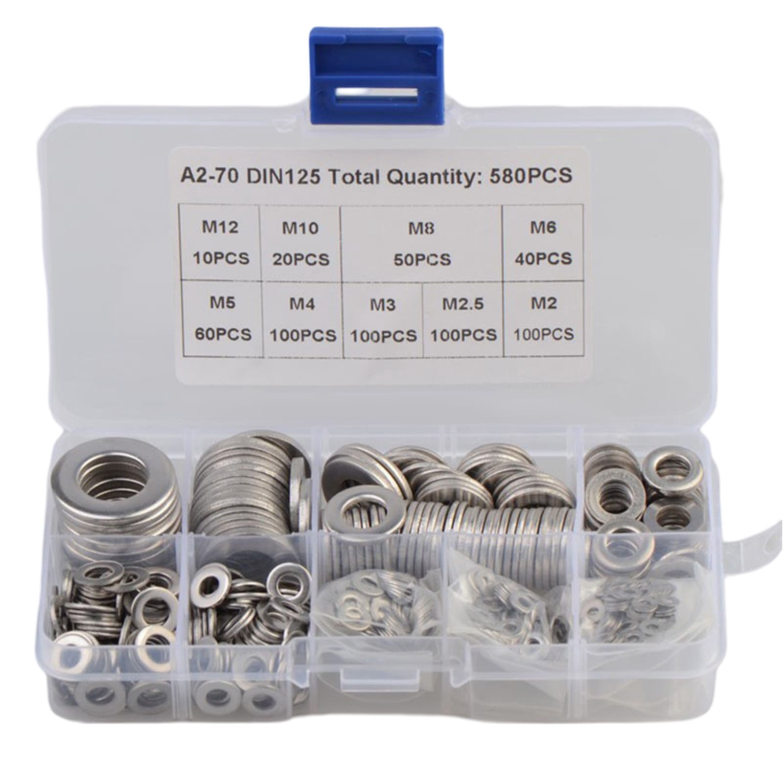 QTEATAK 260 Pcs 7-Size 304 Stainless Steel Flat Washer Lock Washer Assortment Set Size Included M2 5 M3 M4 M5 M6 M8 M10