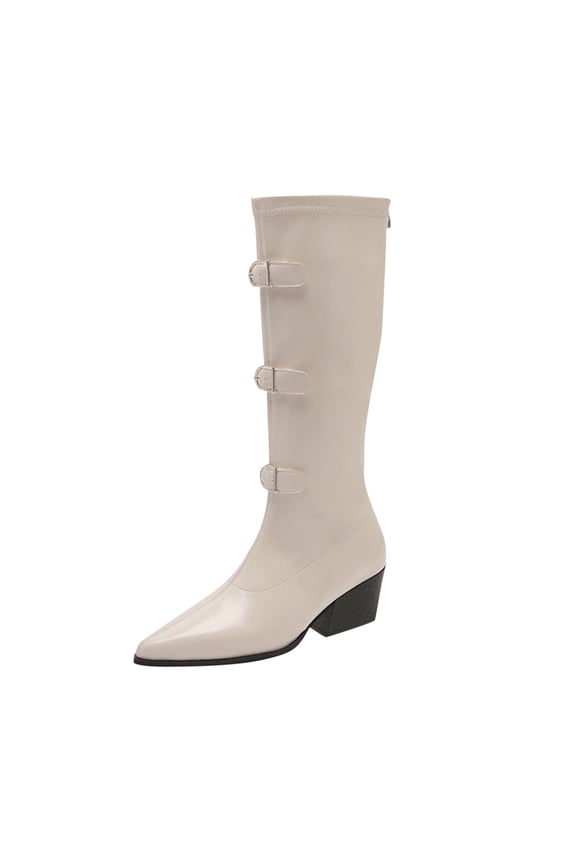 Beige Straight Knee High Boots For Women, Pointed Toe With Belt Buckle, Rear Zipper, Low Chunky Heel, Pu Material Casual Winter Boots