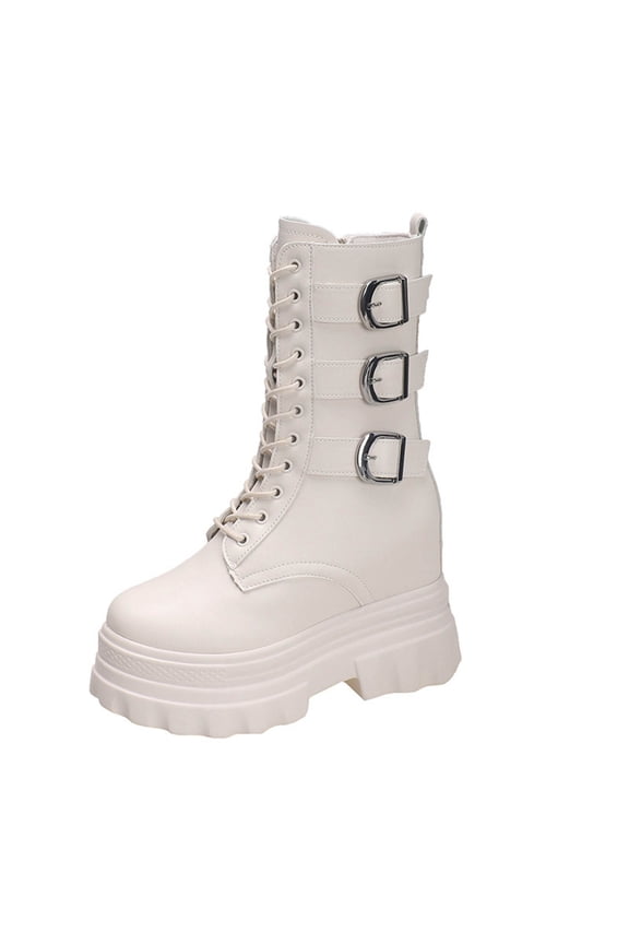 Beige Women'S Casual British Style Thick Sole Soft Leather Round Toe Boots For Outdoor And Indoor Wear - Pu Upper