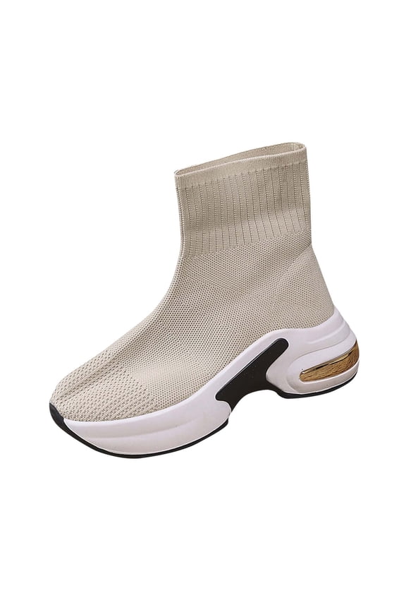 Beige Women'S Elastic Knitted Short Tube Socks Boots, Nylon Spandex Material Thick Sole Fashion Fall Winter Sports Casual Footwear For Ladies