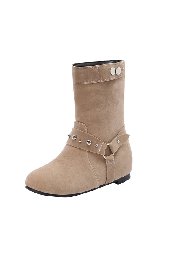 Beige Women'S Fashionable Casual Versatile Trendy Suede Round Toe Sloping Heel Increased Height Belt Buckle Midsole Boots, Flock Material For Outdoor Use