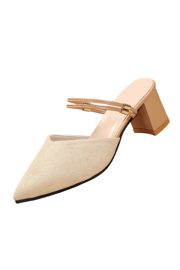 Beige Women'S Flock Slide Slippers Pointed Toe Mules For Women Fashion Casual Chunky Heel Comfortable Slip-On Dress Sandals For Summer