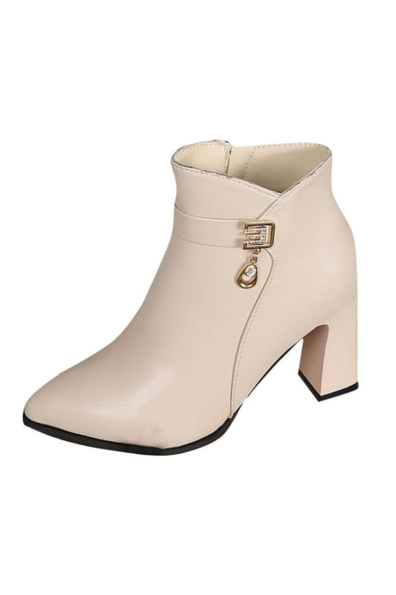 Beige Women'S Mid-Calf Boots Belt Buckle Zipper Ankle Boots Pu Chunky Heel Fall Winter Fashion Trend 3.14In Heel For Casual Wear