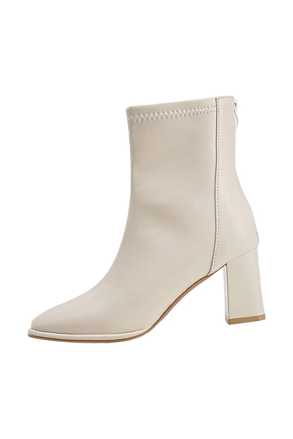 Beige Women'S Platform Boots Square Toe Thick Sole Chunky Mid Heel Pu Leather Casual Fashion Fall Winter Comfortable 7.3Cm/2.87In Heel Height