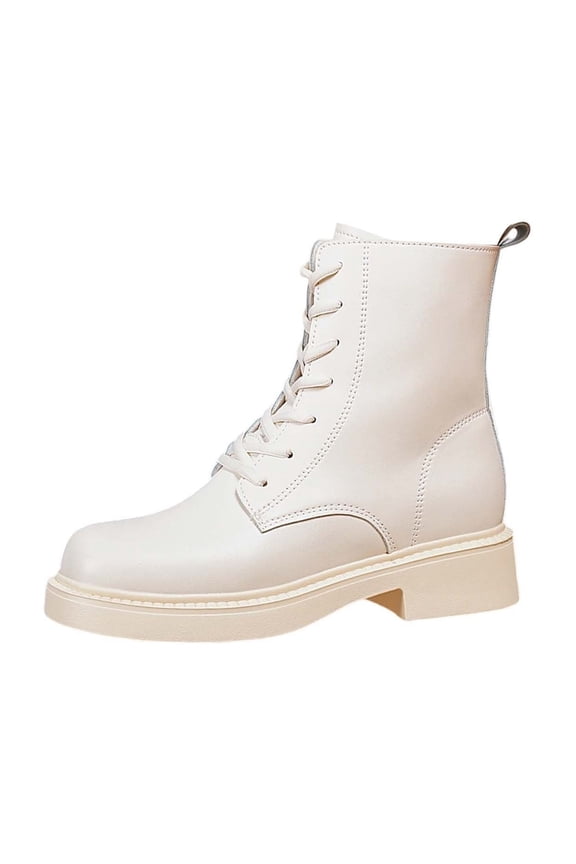 Beige Women'S Round Toe Boots Casual Fall Winter Thick Heel French Style Solid Color Versatile Fashion Shoes