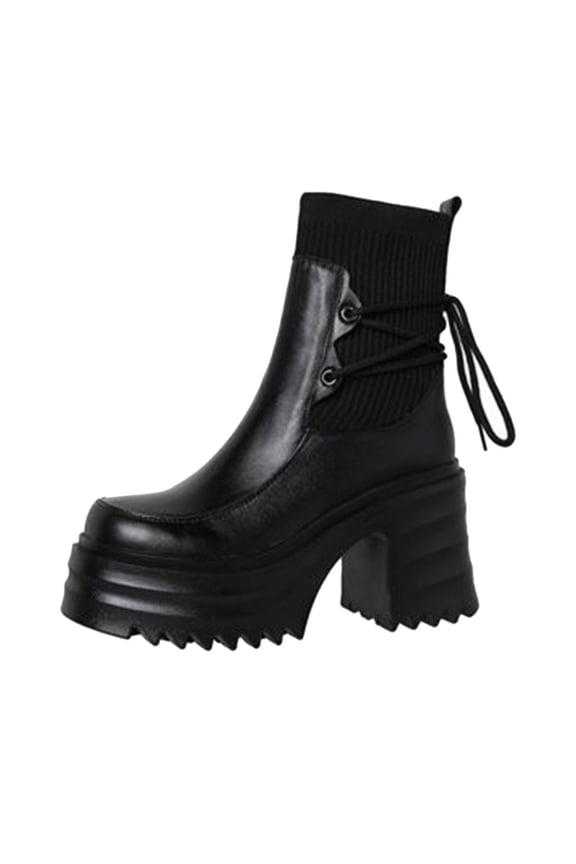 Black British Style Sponge Cake Thick Soled Knitted Boots For Women Casual Winter Wear Pu Material For Outdoor Activities