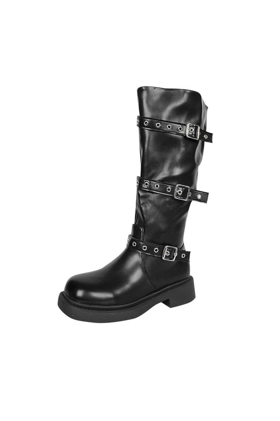 Black Long & Mid-Calf Boots For Women, Metal Buckle Design, Chunky Heel Casual Ankle Boots, Fall Winter Outdoor Fashion Footwear - Heel Height 1.57In