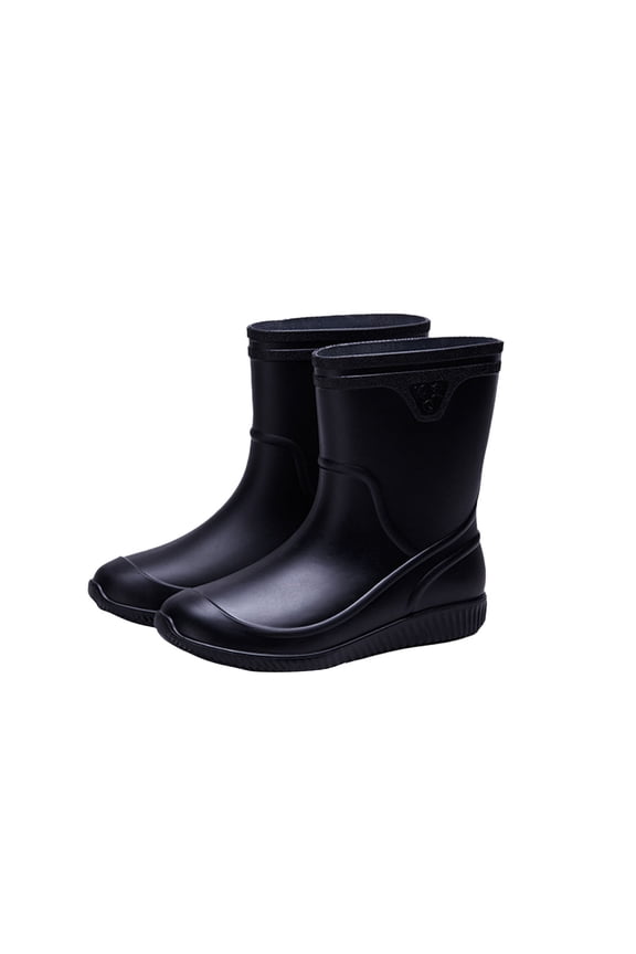 Black Men'S Winter Rain Boots Mid-Calf Solid Color Fashion Non-Slip Rubber Shoes For Men Casual Outdoor Work Footwear Comfy Flocked Upper 1.97In Heel