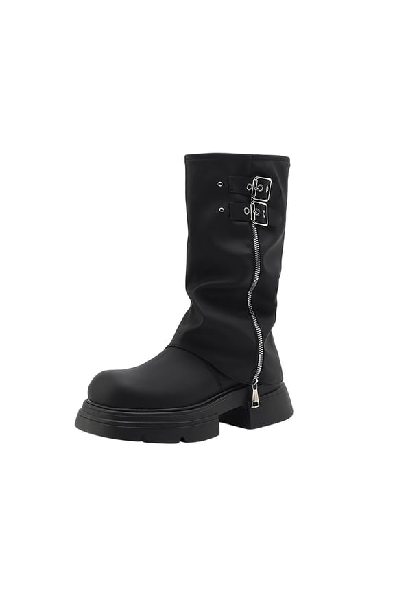 Black Mid-Calf Boots For Women Pu Upper Belt Buckle Detail Round Square Toe Cover Legs Low Heel Chunky Heel 1.2In Winter Casual Footwear