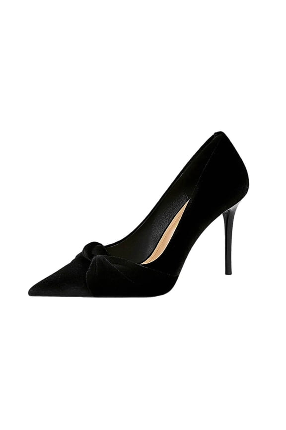 Black Women'S Banquet High Heels Slim Heel Pointed Toe Suede Bow Tie Flock Material Casual Fall Winter Dress Shoes
