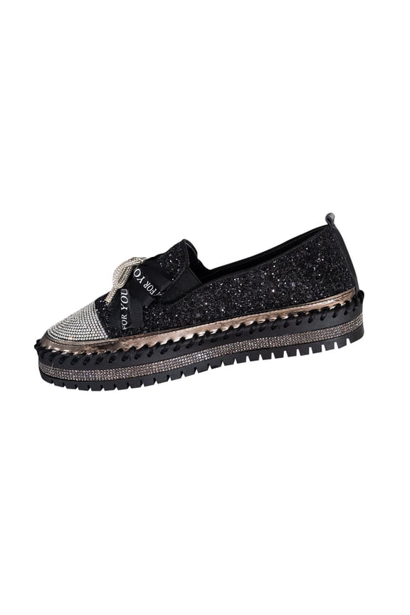 Black Women'S Casual Bow Knot Rhinestone Lazy Moccasins Sandals Sparkling Flat Shoes Thick Sole Slip On Design Outdoor Indoor Wear