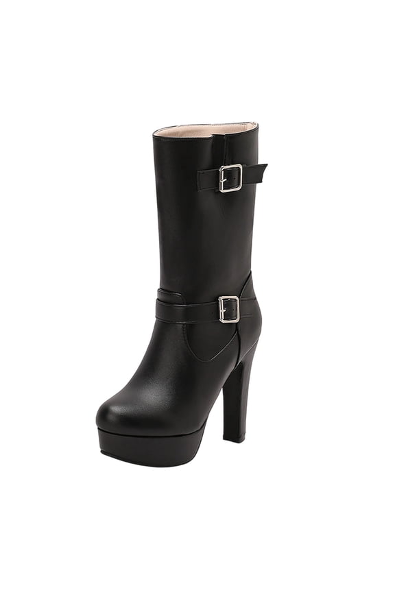 Black Women'S Casual Mid-Calf High Heel Boots Winter Waterproof Fleece Lined Belt Buckle Ankle Boots Rubber Sole Outdoor Indoor Footwear