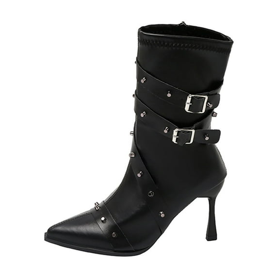 qkdmdw Black Women'S Casual Pointed Toe Ankle Boots With Side Zipper High Heel For Winter Fashion Outdoor Wear - Pu Leather Slender Heel Dress Shoes