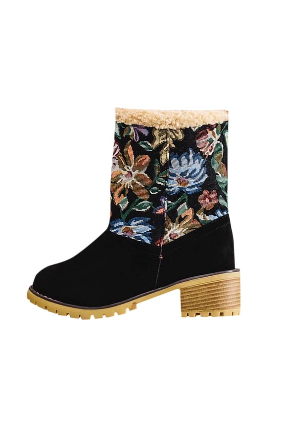 Black Women'S Fashion Boots Flock Material Embroidered Flowers Casual Heel Height 2In Versatile Wear Sweet Cool Fall And Winter Style For Daily Outdoor
