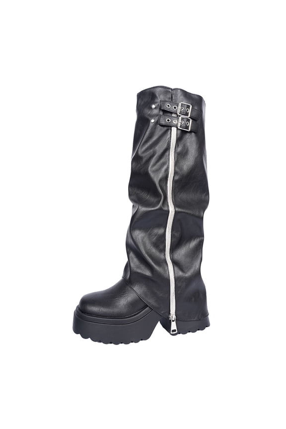 Black Women'S Fashion Casual Round Toe Knee-High Boots With Thick Sole And Stacked Shaft Design For Outdoor And Leisure Wear, Chunky Heel Included