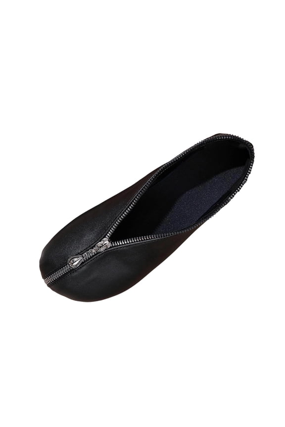 Black Women'S Flat Shoes Low Heel Pu Leather Round Toe Casual Shoes For Daily Outdoor Indoor - Front Zipper Soft Sole Versatile Flats