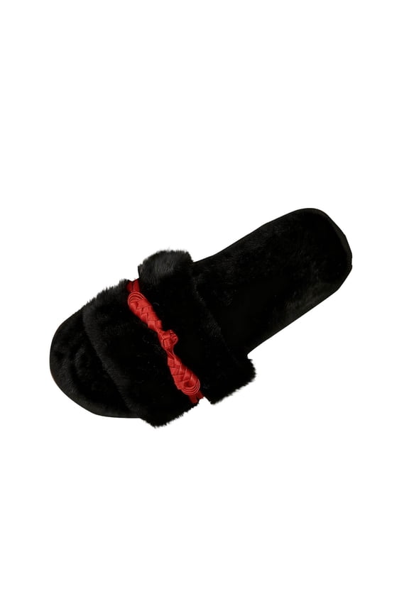 Black Women'S Indoor Wool Slippers Solid Color Bowknot Comfortable Casual House Shoes Warm Soft Fleece Lining Home Footwear