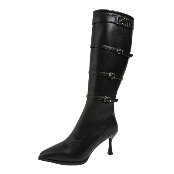 qkdmdw Black Women'S Knee High Boots Pointed Toe Mid Heel Boots Pu Leather Side Zipper Straight Leg Winter Dress Shoes (2-3 Inch Heel)