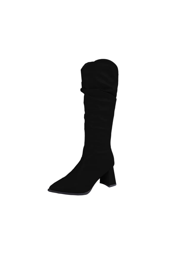 Black Women'S Knee High Boots Pointed Toe Stacked Heel Chunky Sole For Casual Outdoor Winter Wear - Side Zipper Design