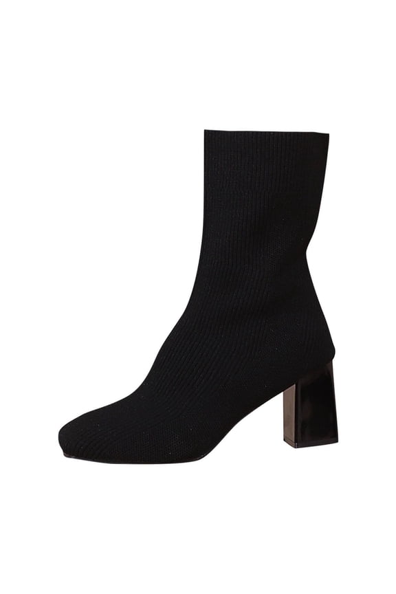 Black Women'S Knitted Socks Boots Elastic Mid Calf Round Toe Chunky Heel Casual Mesh Shoes Comfortable Indoor Outdoor Wear Lightweight Design