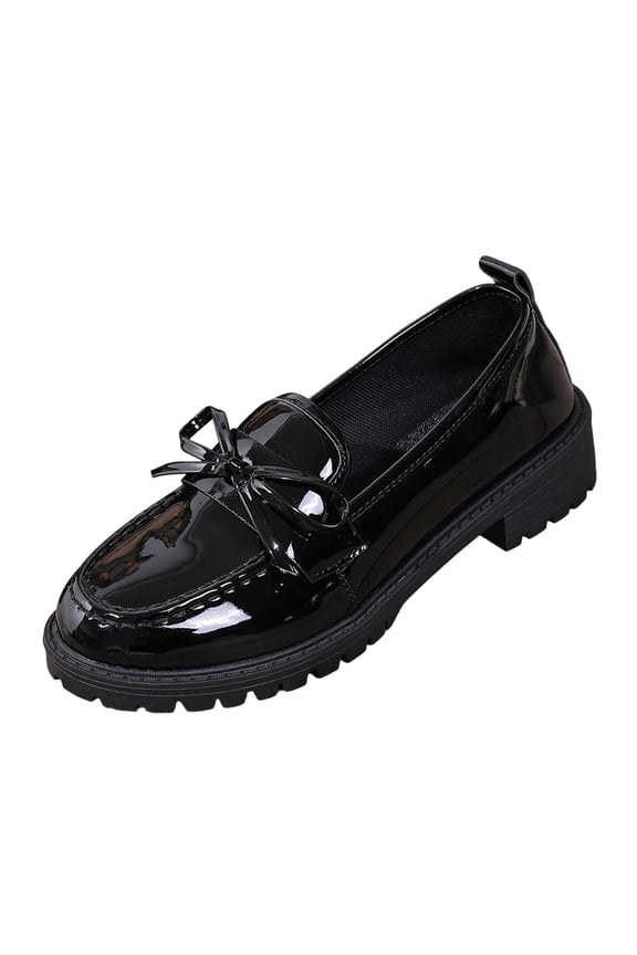 Black Women'S Loafers Casual Shoes Fall Winter Patent Leather Bow Decor Slip-On Comfortable Flat Heels For Outdoor Leisure - Trendy Ballet Flats Style Footwear