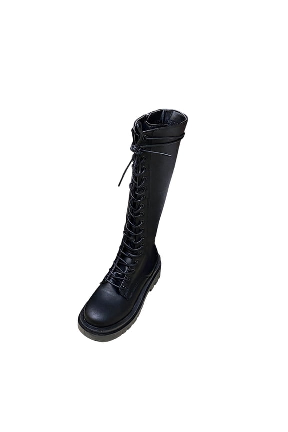 Black Women'S Long Boots Chunky Sole Thick Heel Knee High For Casual Outdoor Winter Wear - British Style Strap Design