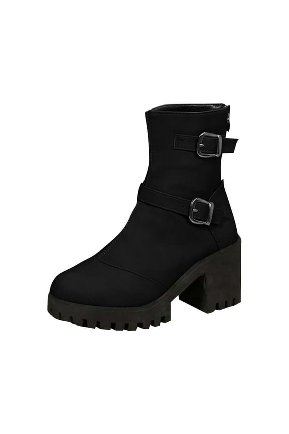 Black Women'S Mid-Calf Boots Belt Buckle Round Toe Boots Pu Chunky Heel Fall Winter Fashion Trend Ankle Boots For Casual Outdoor