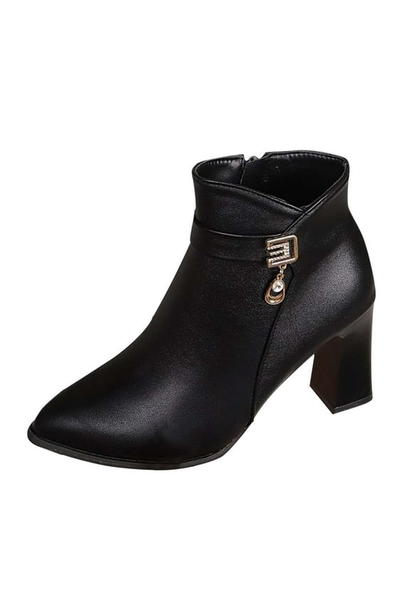 Black Women'S Mid-Calf Boots Belt Buckle Zipper Ankle Boots Pu Chunky Heel Fall Winter Fashion Trend 3.14In Heel For Casual Wear