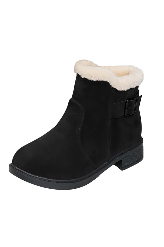 Black Women'S Mid Calf Boots Platform Round Toe Faux Fur Lined Winter Booties, Fashionable Casual Thick Soled Warm Comfort Footwear For Women